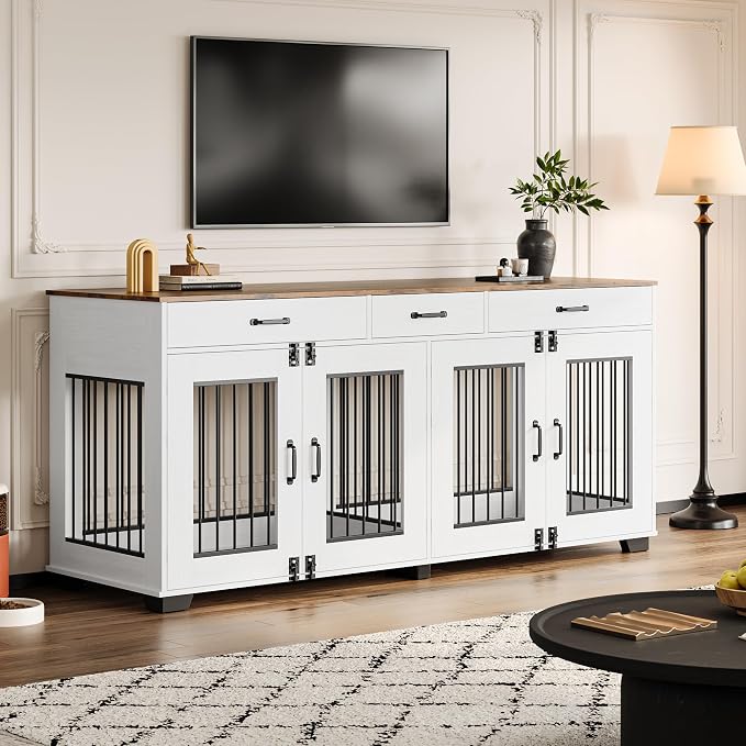 IDEALHOUSE 71-Inch Large Dog Crate with 3 Drawers for 2 Dogs, White | Dog Kennel Furniture, Large Breed Dog Crate and TV Stand for Medium-Large Dog