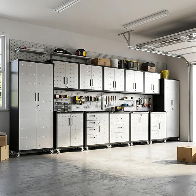 12-Piece Heavy Duty Steel Garage Cabinet System | All-in-One Modular Garage Cabinet Set for Ultimate Workshop Organization | Easy Assembly Garage Storage Cabinets & Tool Bench