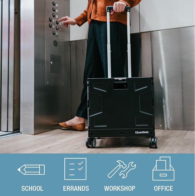 CleverMade Collapsible Rolling Crate with Lid, 35L, 4-Wheel, Cool Gray | Move Heavy Supplies in Any Direction | Four Swivel Wheels and a Telescoping Handle Guide 75 lb, Then Fold to 3.5 Inches