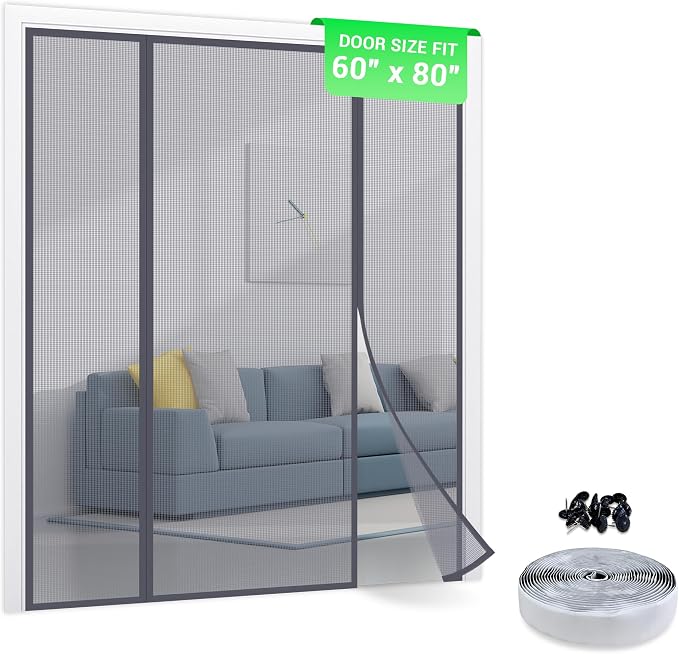 TheFitLife Fibreglass Double Door Magnetic Fly Screen, Heavy Duty Curtain | 62"x81" - Fits Doors up to 60"x80" Max, Gray, with Full Frame Hook & Loop Powerful Magnets, Pet & Kid Friendly, Hands Free