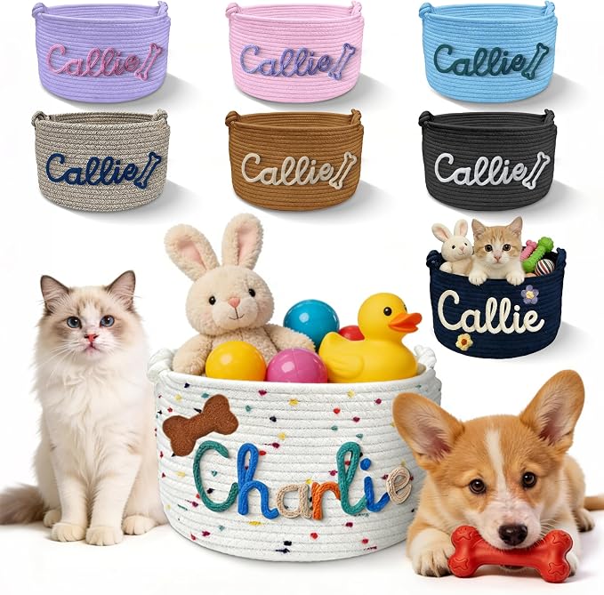 Personalized Dog Toy Storage Basket with Pet Name Custom Woven Storage Basket Cotton Rope Basket Large Capacity Organizer Bin
