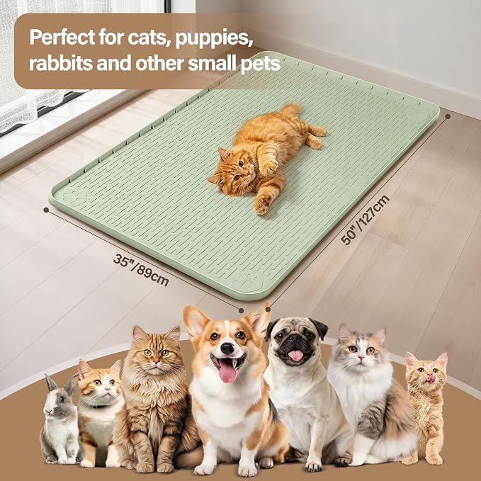 Silicone Cat Bed Mat 50"x35" Pet Crate Mat for Cat Cage, Green | Extra Large Cat Sleeping Mat, Non-slip, Washable, Waterproof Pet Bed Mat with Raised Edge, Pet Playpen Mat to Protect Floors