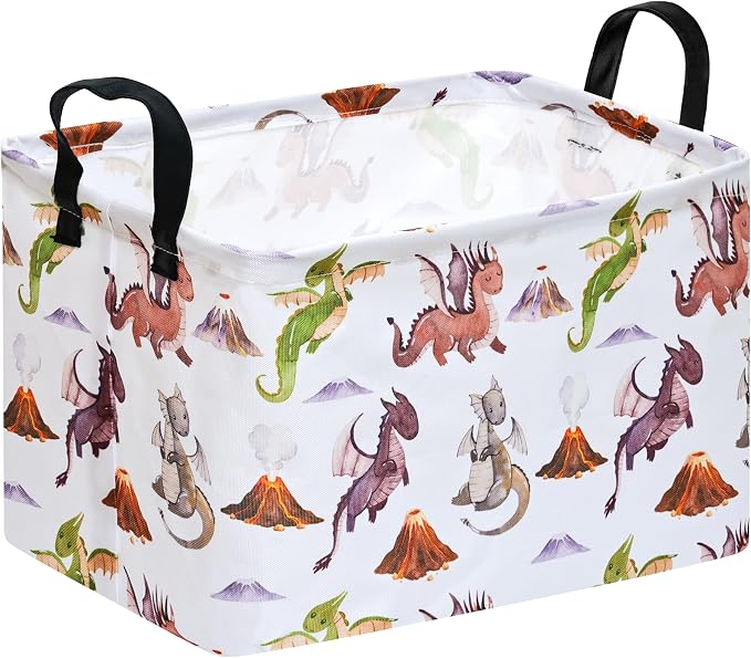 Round Laundry Basket Gragon Nursery Hamper Storage Bins Dinosaur room Decor | Waterproof Canvas Collapsible Storage Basket With Sturdy Handles Multi-scene Organizer Dinosaur For Play Bedroom Decor Gift