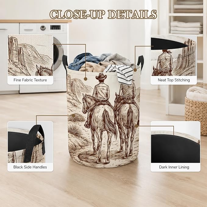 Western Cowboy Laundry Basket, Foldable Oxford Cloth Desert Horse Laundry Hamper with Handles, Tote Bag Clothes Storage Bucket for Laundry Room/Bathroom/Bedroom/Dormitories 20.8"x16"