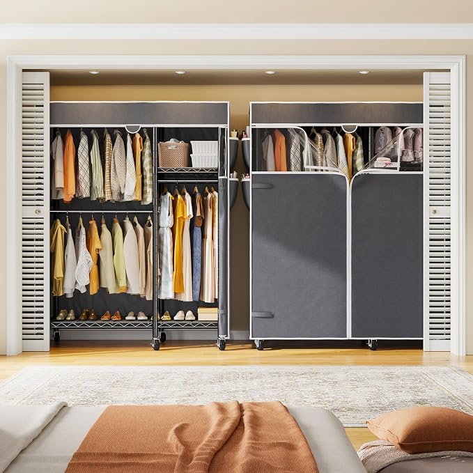 Raybee Clothes Rack with Cover, Rolling Portable Closet, 4 Hanging Zones | Heavy Duty, Tool-free Assembly, Adjustable Shelves, Lockable Wheels, Freestanding, Covered, Saving Space for Bedroom,Dorm