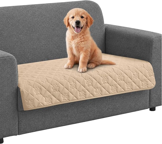 PAWFINITY Waterproof Loveseat Covers for Dogs, Pet Blanket for Couch | Paw Print Quilted, Hair Resistant, Anti Cat Scratch, Washable Protector for 2 Seat Sofa & Chair Cushion, 40x50 Inch, Beige
