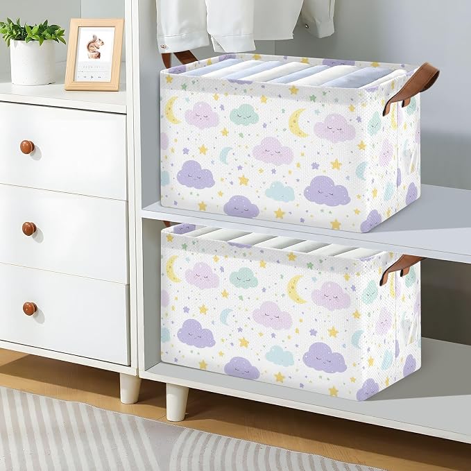 Cute Clouds Moon and Stars Purple Baby Storage Basket with Labels&Handles Rectangular Waterproof Nursery Storage Bins Collapsible Shelf Organizer Baskets for Kids Books Cloth Gift Toys Laundry
