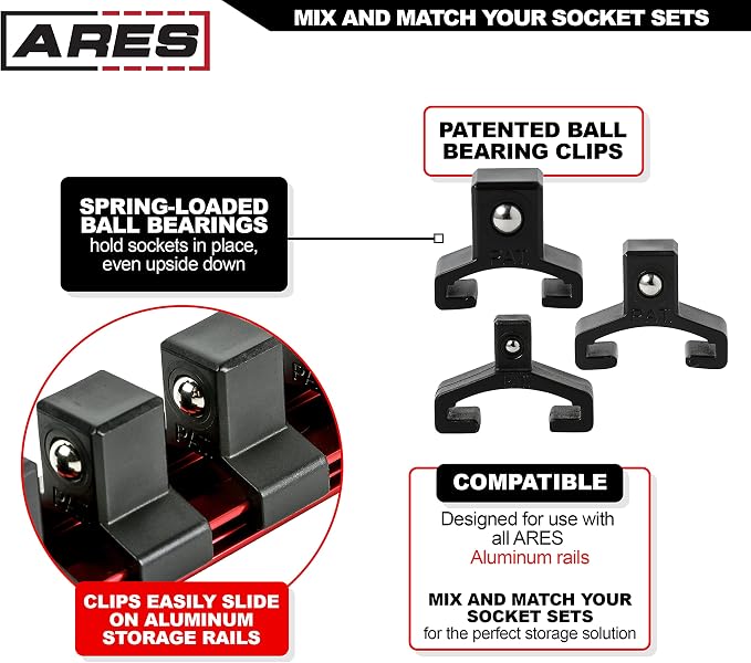 ARES 70087 3-Pc 1/4,3/8,1/2-In Socket Rail | Part No. 70087; 1/4-Inch, 3/8-Inch, and 1/2-Inch Drive Rails Hold 48 Sockets and Keep Your Tool Box