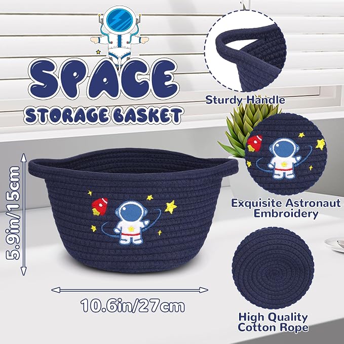 Space Storage Basket, Cotton Rope Woven Basket with Handle Small Laundry Basket Organizer for Baby Shower, Cat Dog Toy Basket, 9"x9"x5" Baskets for Organizing