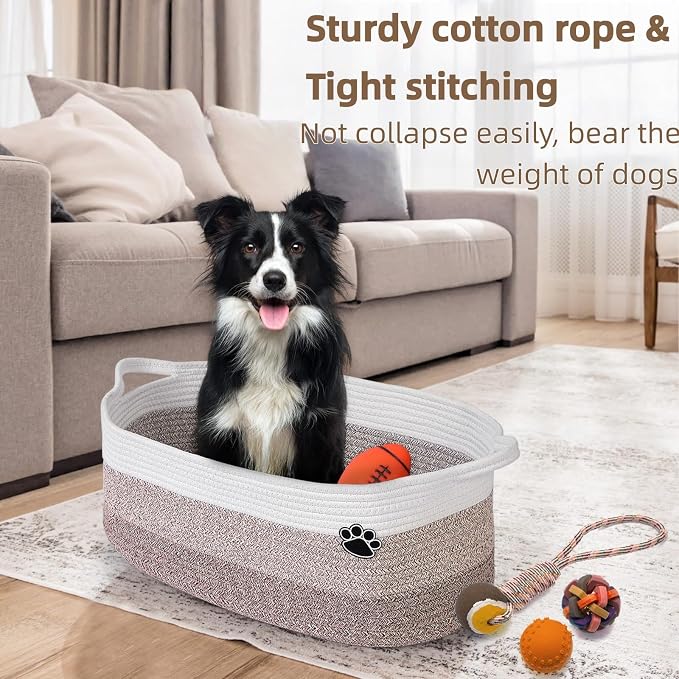 Optish 40L Extra Large Dog Toy Basket, 20" x 14" x 9" XL Toy Storage Box and Bin with Handles, Woven Cotton Rope Foldable Basket for Blankets, Living Room, Bedroom, Home Decor, White & Brown