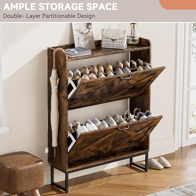 Shoe Storage Cabinet with 2 Flip Drawers, Freestanding Wood Shoe Organizer with Metal Legs, Farmhouse Slim Shoe Rack for Entryway, Foyer, Hallway, Rustic Brown