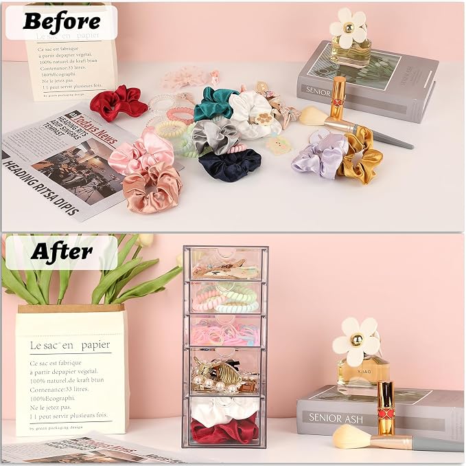 Hipiwe 5-Drawers Plastic Storage Organizer Clear Hair Accessories Organizer | Large Capacity Drawers Box for Bathroom, Dresser, Cosmetic Hair Tie Container for Women