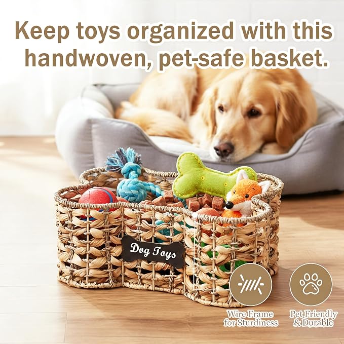 Handmade Wicker Baskets for Dog Toys,Bone Shaped Dogs Toy Bin with Wire Frame,Dog Toy Boxes for Living Room,Farmhouse Pet Stuff Organizer