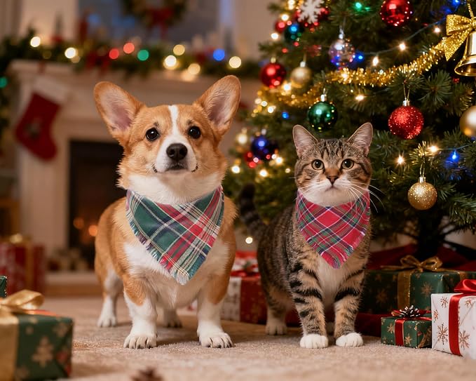 Christmas Dog Bandanas 2PCS-Small,Holiday Scarf Two-Sided with Tassels Edges,Stylish Triangle Dog Outfit for Boy and Girl,Winter Christmas Classic Red Green Plaid Pet Costume for Small Dogs