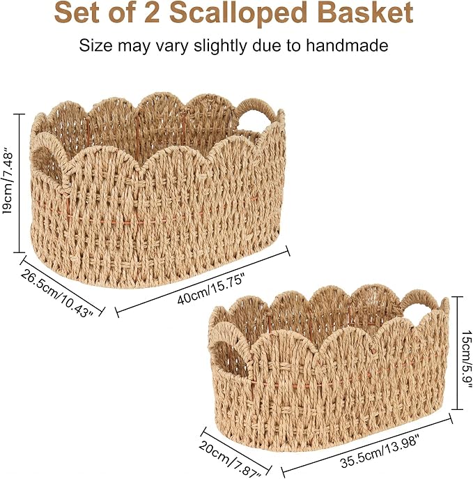 iEGrow Paper Rope Scalloped Basket, Set of 2 Woven Storage Wicker Baskets with Handle for Organizing and Shelves, Cute Boho Oval Baby Baskets for Decor, Towel, Toys, Nursery, Book, Gift Natural