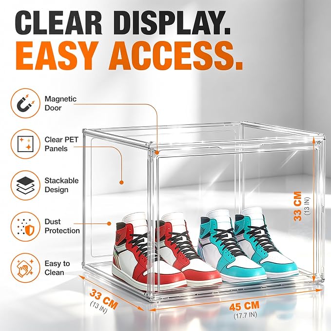 XXX-Large Extra Large Boot & Shoe Acrylic Display Case 17.3'', 1 Pack | Transparent Sneaker Organizer, Clear Plastic Stackable Boot & Shoe Boxes, Large Showcase for Helmet, Handbag, Collectibles