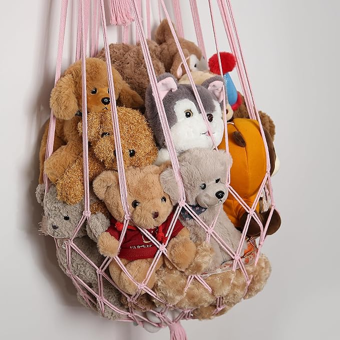 Amdermi Stuffed Animal Net or Hammock Corner or Wall Hanging Net for Plush Toy Storage Boho Macrame Toy Display Nursery Bedroom Decor Stuffy Animal Toy Organizer (Pink)