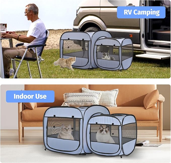 2-in-1 Portable Cat Playpen(Front Doors), Pop up Kitten Playpen, Assembly-Free, Pet Tent Crates Kennel Cage Enclosure for Dog Puppy Indoor Outdoor(No Divider, Unified Space)