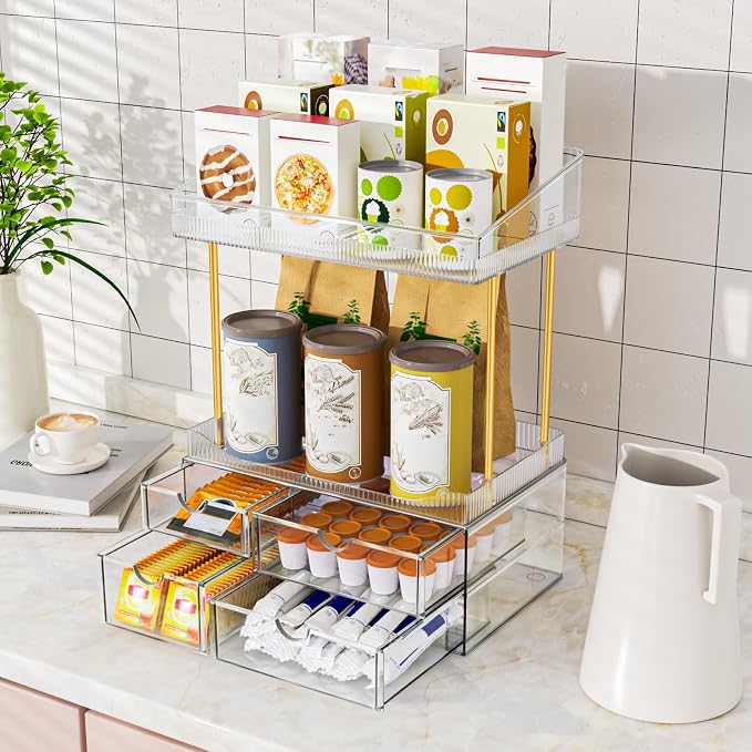 SNSLXH 4-Tier Clear Makeup Organizer Bathroom Storage Green | 4 Drawers Cosmetics Organiser, Ideal for Countertop, Bathroom, Office, Dresser, for Cosmetics, Skincare, Perfume, Lipstick