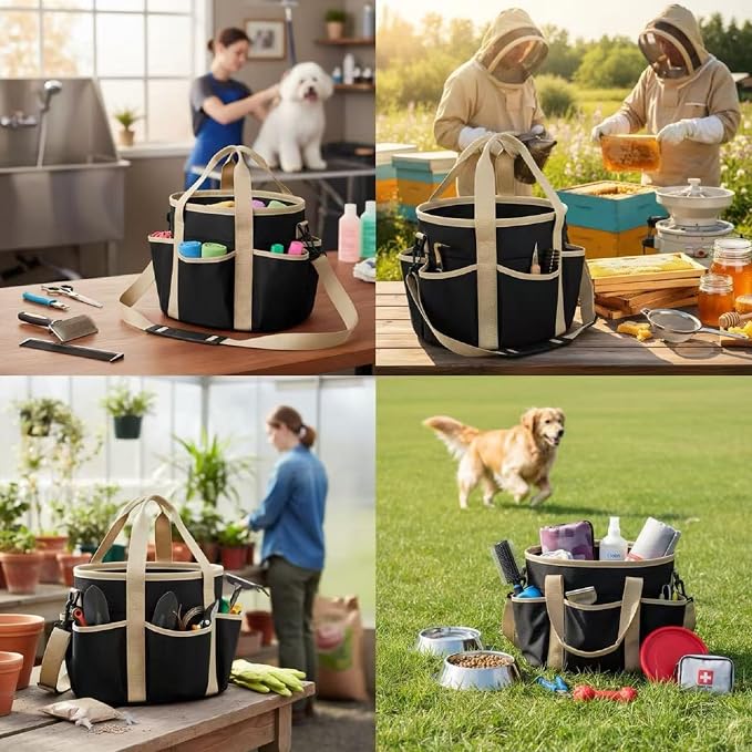 Abbylike Grooming Tote,Stylish,10.63 x 10.63 x 9.45 Inch,Khaki and Black | Tote Bag for Horses and Dogs, Organize Tack Tools Equestrian Grooming Kit, Care Portable with Multiple Pockets for Supplies