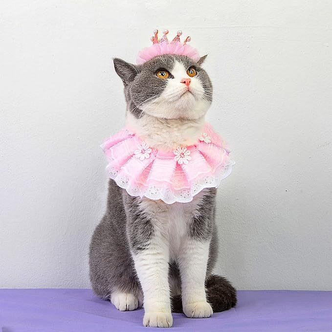 Cat Princess Costumes Cat Crown Hat & Lace Bandana Scarf Set, Puppy Party Hat for Small Dogs & Cats, Lace Outfit for Cats and Small Dogs Birthday Party (Pink(Crown Hat&Scraf&Banner))