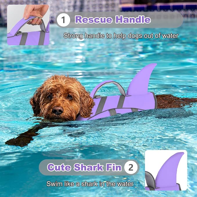 Dogcheer Swim Dog Life Jacket Shark, Life Vest for Dogs- Tar. Purple,M | High Buoyancy, Harness-Style, Rescue Handle, Adjustable Fit, Reflective, Swimming & Boating, Puppy Small Medium Large Dogs