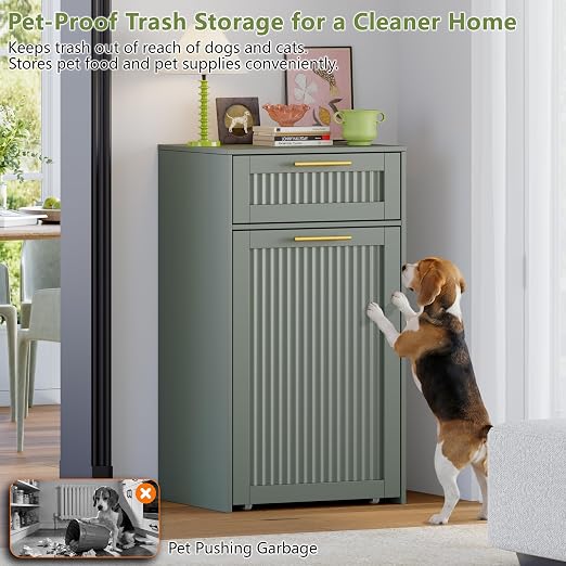 Single 13 Gallon Pull Out Trash Can Cabinet with Drawer, Garbage Cabinet | Pet Proof Hidden Trash Storage, Fluted Farmhouse Design, Space-Saving Kitchen Organizer, Dining Room Storage,Green