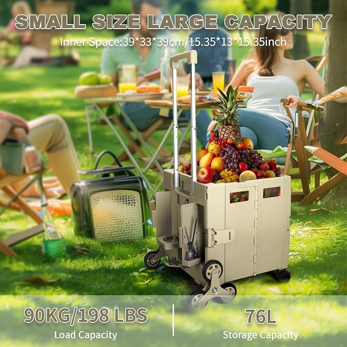 76L Folding Utility Cart Portable Rolling Crate Handcart Shopping Collapsible Tool Box with Stair Climbing Wheels,Hidden Lid,2 Rotate Wheels,for Grocery,Shopping,Office,Storage(Brown)