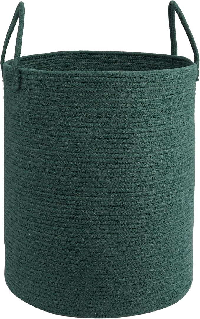 Woven Cotton Rope Laundry Basket, 15x20 Laundry Hamper, Dark Green | Rope storage basket for dirty clothes, toys and blankets. Perfect for bathroom, baby nursery and living room storage.