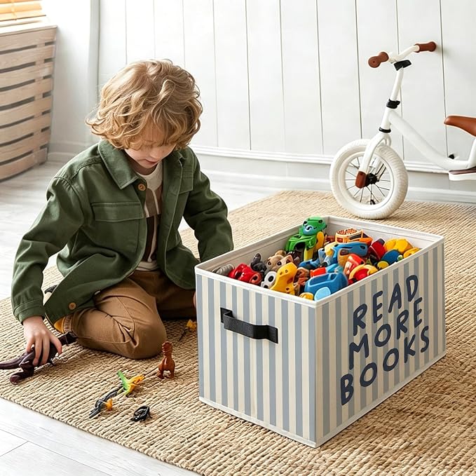 Reading Room Book Foldable Storage Bins Box with Handles, Read More Books Blue Striped Decorative Storage Boxes Baskets Toybox Organizer for Library Reading Nook Corner Room Classroom
