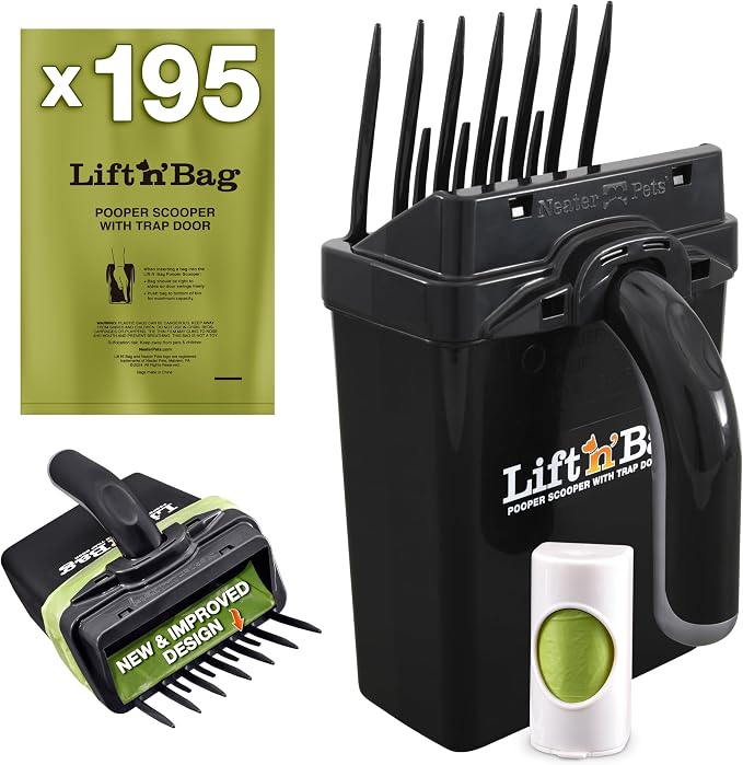 Neater Pet Brands Lift N’ Bag 2.0 Dog Pooper Scooper with Bag Attachment for Small to Large Dogs, New & Improved Design, 195 Refill Bags, Heavy Duty Dog Poop Scooper for Yard & Walks, One-Hand Use