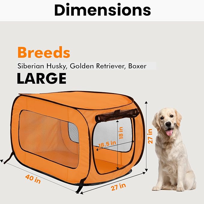Portable Collapsible Pop Up Kennel, 40" L x 27" W x 27" H, Orange | Collapsible indoor/outdoor travel cat and dog crate with mesh screen windows pops up and folds flat for easy storage