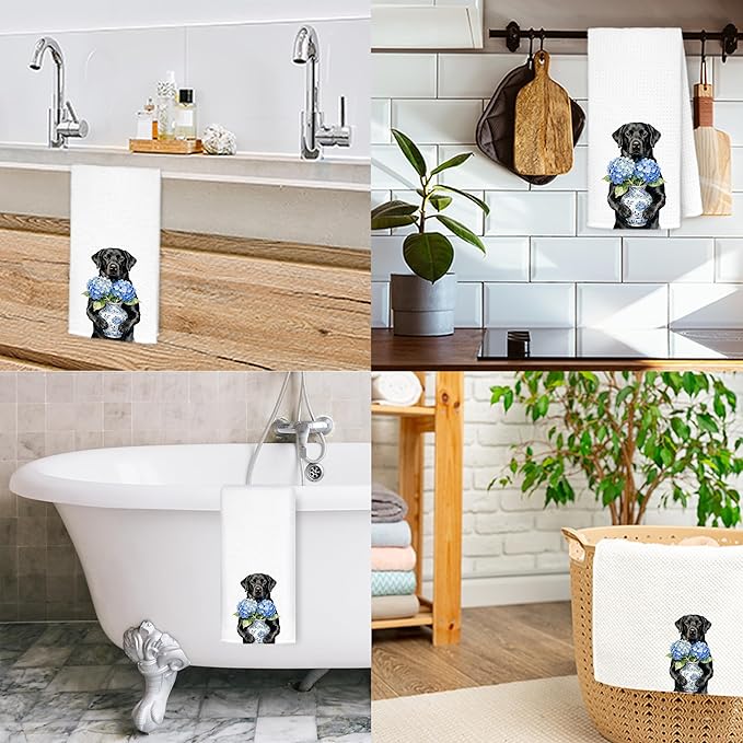 Blue Hydrangea Black Labrador Retriever Kitchen Towels, Black Lab Gifts Dish Tea Towels for Kitchen Decor, Chinoiserie Porcelain Floral Dog Decorative Hand Towel Bathroom Decor, 16x24 Inch