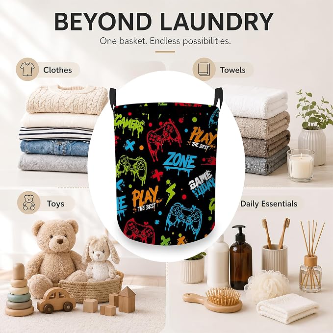 Gaming Zone Laundry Basket, Game Over Collapsible Laundry Hamper Waterproof Oxford Cloth With Handles, Clothes Storage Bucket For Bathroom/Bedroom 16" x 20.8"