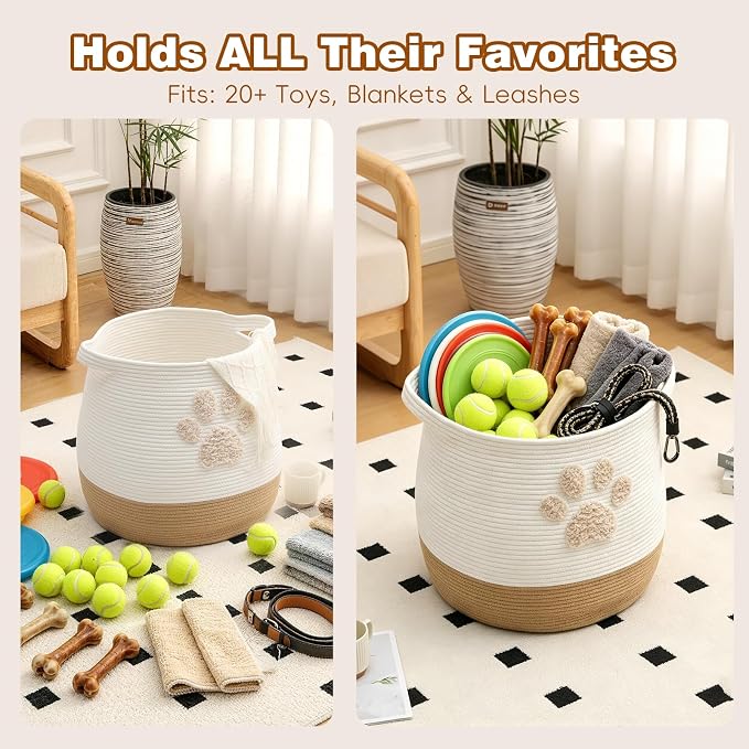 Large 17.7" Cotton Rope Pet Toy Storage Basket with Cute Paw Print - Woven Dog Toy Bin & Cat Organizer - Soft Round Hamper for Puppy Blankets, Treats, Nursery & Living Room Storage