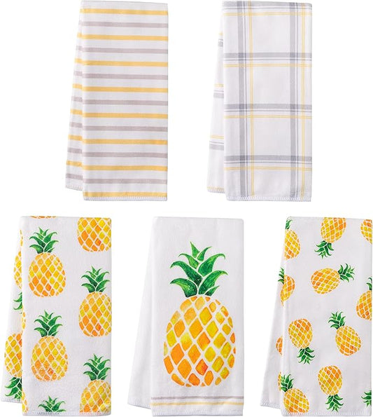R HORSE 5Pcs Pineapple Kitchen Dish Towel Set Fruit Theme Absorbent Drying Cloth Dish Tea Towels Fingertip Bar Hand Dishcloths Holiday Spring Summer Decor for Bathroom Kitchen Home Supplies