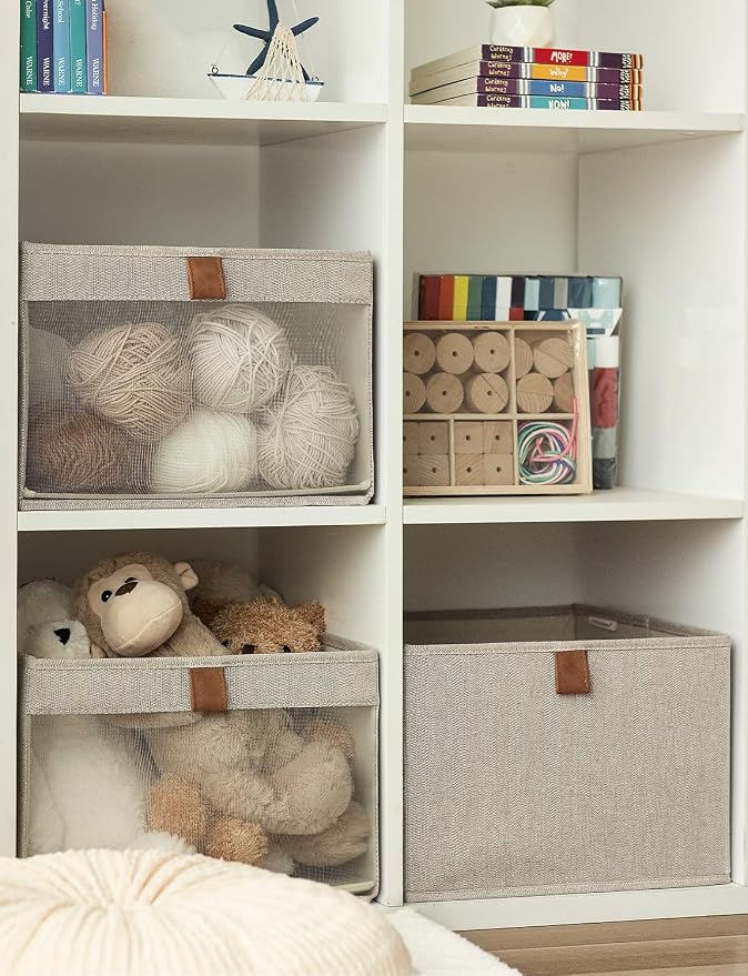 StorageWorks Fabric Storage Bins, Storage Basket, Brown and Beige, 3-Pack | See-Through Mesh Front, Soft Leather Handles, Flip to Show/Hide, Collapsible, Holds Clothes, Towels, Blankets, Toys