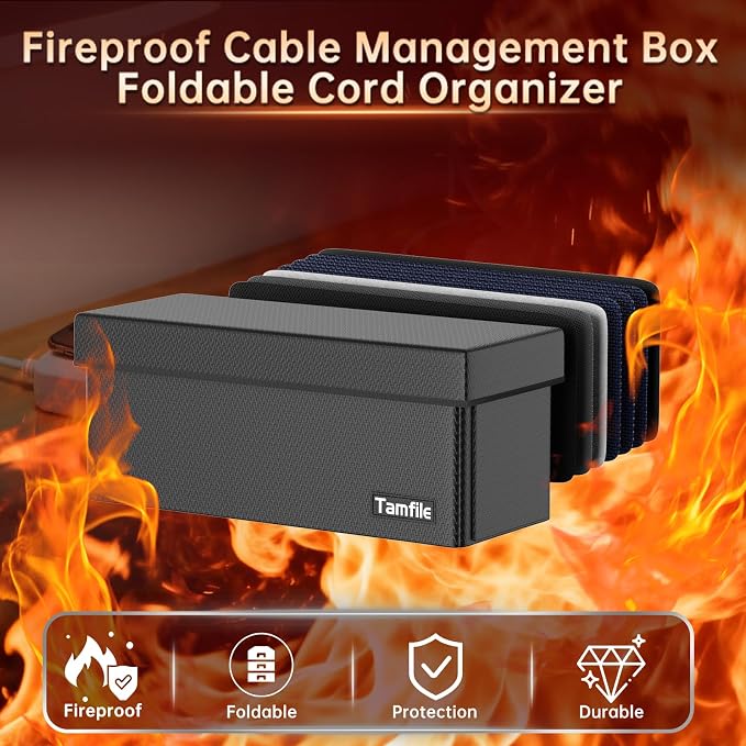 Tamfile Cable Management Box, Fireproof Foldable Cord Organizer and Cover | Heat Resistant Large Power Strip Organizer for TV Wires, Computer and USB Hub with Cable Clips & Reusable Cable Ties, Black