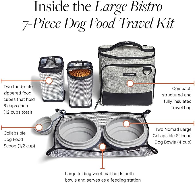 Small 7-Piece Bistro Box Dog Food Travel Kit, 6-Cup BPA-Free Kibble Storage, 2 Silicone Bowls, Mat & Scoop - Portable Pet Food Kit for Weekends, Overnights, Daycare & Camping, Heather Grey