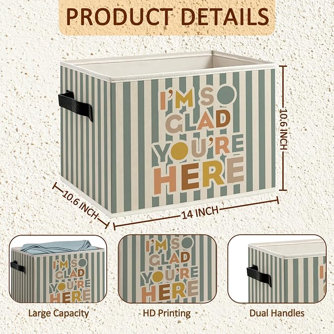 Boho Nursery Foldable Storage Bins Box with Handles, I'm So Happy You're Here Classroom Decorative Storage Boxes Baskets Toybox Organizer for Kids Nursery Room Bedroom Playroom Classroom