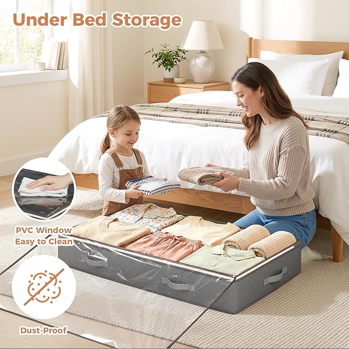95L Under Bed Storage Containers, 4 Pack Closet Organizers Grey | Foldable underbed storage bins for linen sheets, blanket, clothing, comforter, sweaters, pillows, wrapping paper