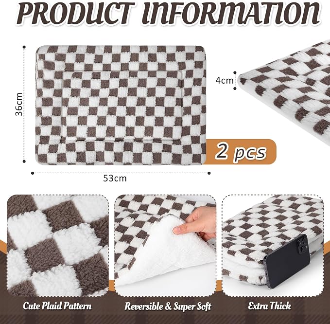 2 Pack Self Warming Cat Mat Self Heating Pad Bed Reversible Machine Washable Reflects Body Heat Warm Thermal Pet Pad Crate Blanket for Feral and Indoor Cat(Dark Brown,21" X 14",Plaid)