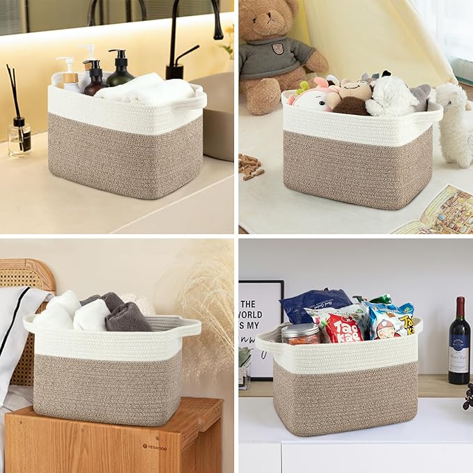 OIASKET Storage Basket for Organizing, Woven Baskets for Storage, Rectangle Decorative Baskets for Shleves, Closet, Toys, Books, Nursery Organizer Bins - Pack of 3 (Brown & White, 13"x9.85"x8.7")