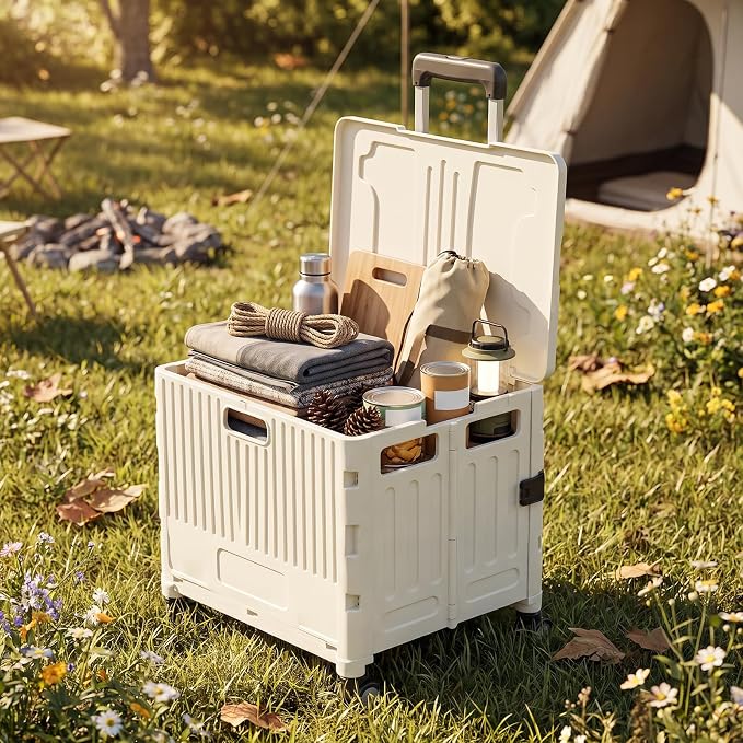 Foldable Rolling Storage Crate with Lid, Telescopic Handle & 4 Wheels, Portable Camping Shopping Box