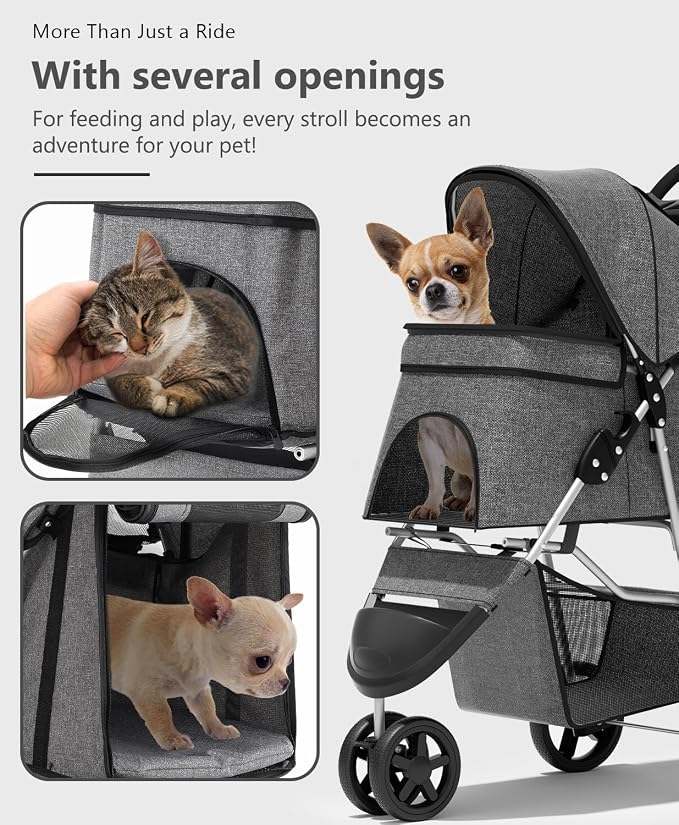 OS MOTOR 3 Wheels Pet Stroller for Small Medium Pets, Gray | Foldable Carrier Jogger, Rear Wheel Breaks, Storage Basket, Visible Mesh Weather Cover, Portable, Dog, Cat, Puppy, Kitty