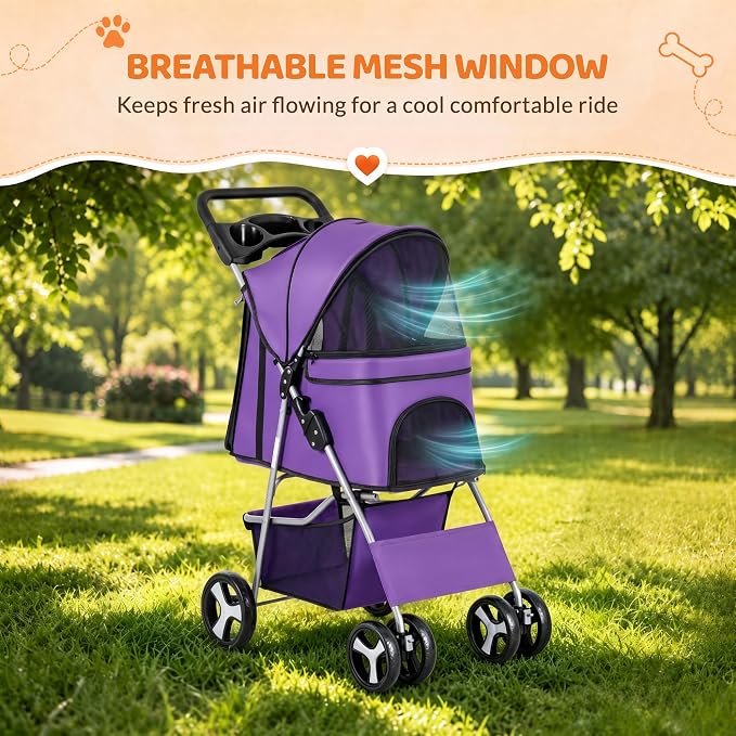ZENY Foldable Pet Stroller, Cat/Dog Stroller with 4 Wheels | Pet Travel Carrier Strolling Cart with Storage Basket, Cup Holder (Purple)