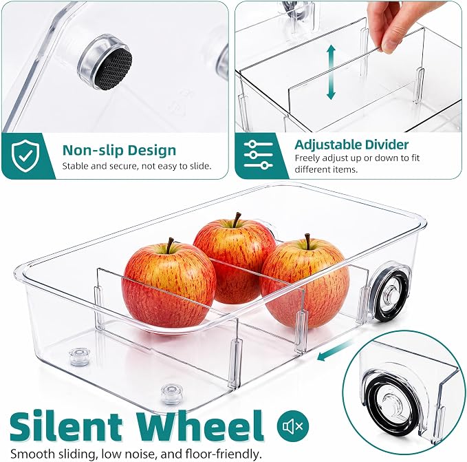 2 Pack Refrigerator Organizer Bin with Wheels, Roll Out Pantry Storage with Dividers, Clear Plastic Refrigerator Drawer, Upgrade Thick Fridge Caddy for Under Sink, Kitchen Organization