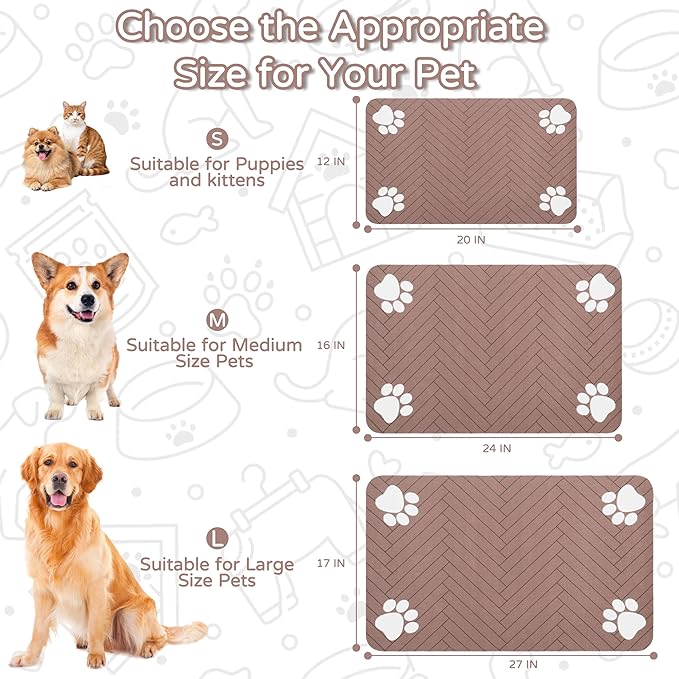 Pet Feeding Mat-Absorbent Dog Feeding Mat for Food and Water Bowl,No Stains Pet Placemat,Quick Drying Water Dispenser Mat for Dog and Cat,Easy to Clean Dog Accessories(S,Dark Brown White Paw)