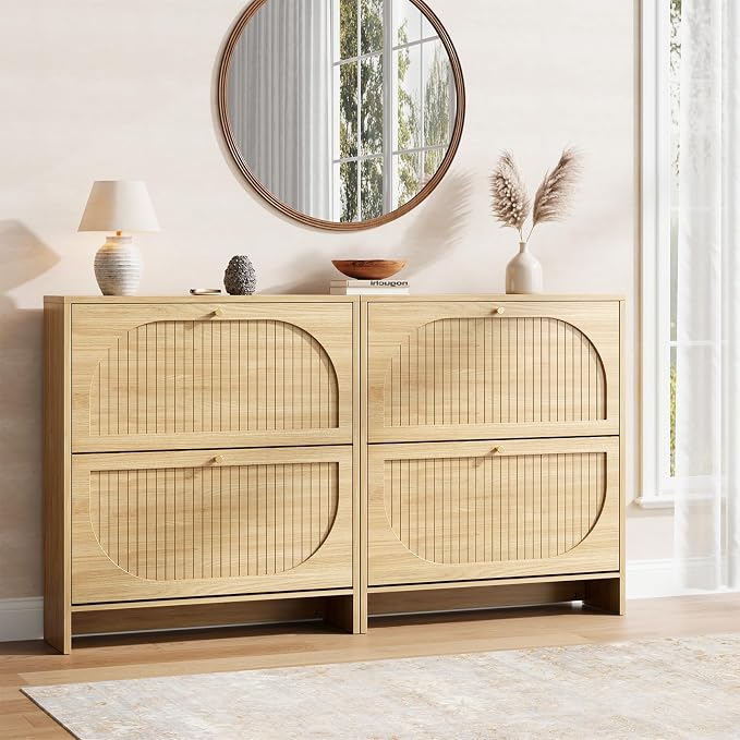 Arch-Chic Shoe Cabinet for Entryway, Modern Mid-Century Shoe Storage Cabinet with Fluted, Narrow Shoe Rack with Adjustable Shelves & Tipping Protection, Fits Men's Size 12+ Shoes