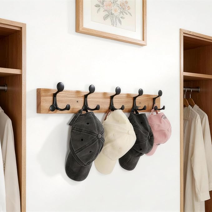 SKOLOO 24-Inch Wood Coat Rack Wall Mount with 5 Triple Hooks - Ideal for Family Entrances, Classrooms, and Pet Supplies Storage - Perfect Coat Hooks for Wall, Black on Natural